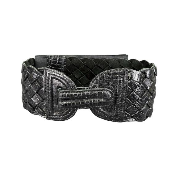 Vintage 1990s Black Woven Leather 3" Wide Elastic Belt - Picture 1 of 13